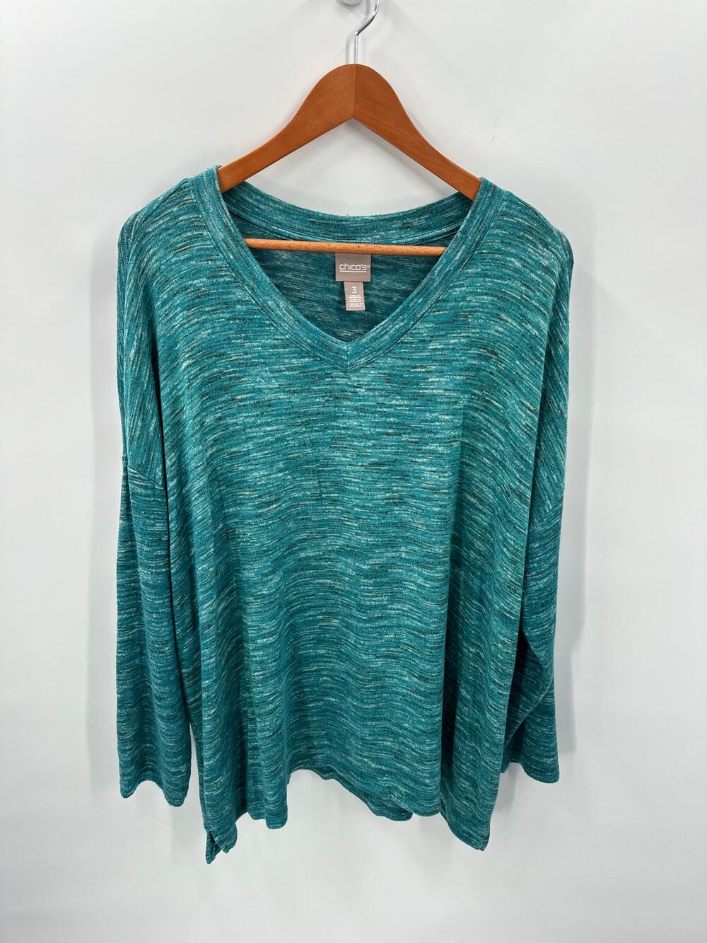 CHICO'S Heathered Teal V-Neck Sweater // XL